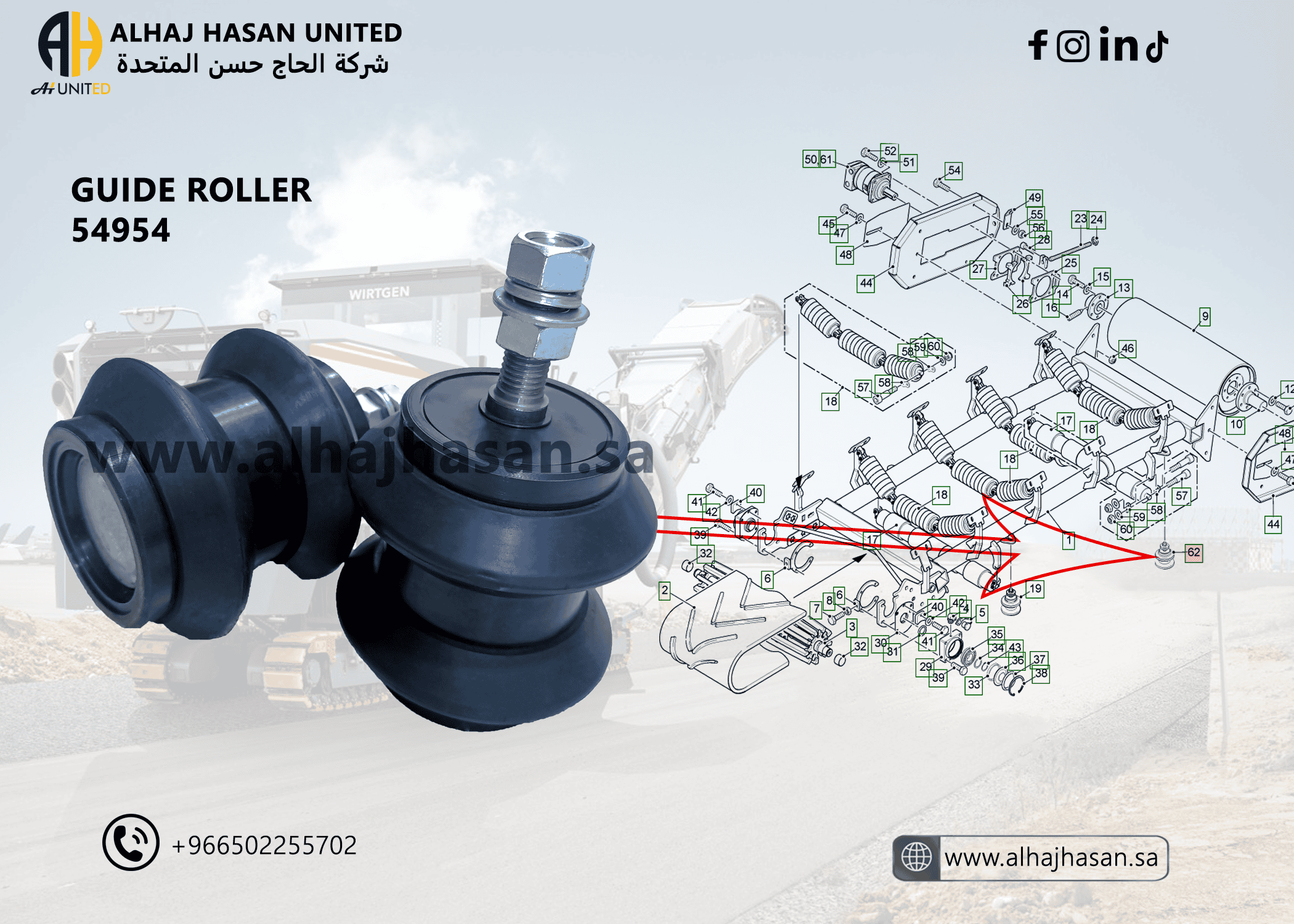 Belt Conveyor Idler Roller for Milling Machines - Part 54954, Durable Roller for Steer Belt System in Milling Operations